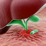 Illustrazione medica dettagliata che mostra batteri Helicobacter pylori sulla superficie della mucosa gastrica vicino a un'ulcera epatogenica, con il fegato visibile in secondo piano per contestualizzare la condizione. Lente macro 85mm, illuminazione da studio per evidenziare la texture e i dettagli, colori realistici e scientificamente accurati.