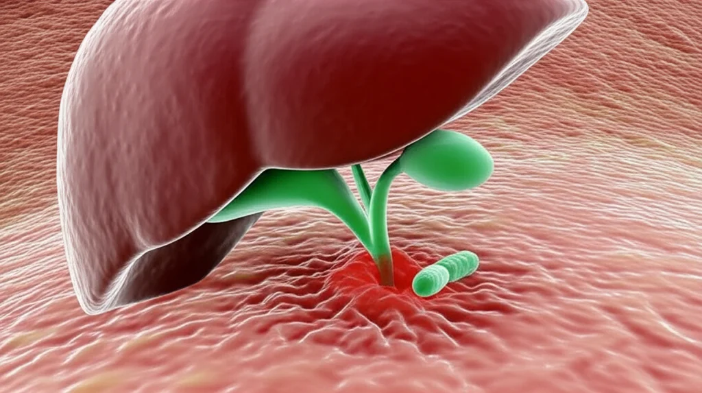 Illustrazione medica dettagliata che mostra batteri Helicobacter pylori sulla superficie della mucosa gastrica vicino a un'ulcera epatogenica, con il fegato visibile in secondo piano per contestualizzare la condizione. Lente macro 85mm, illuminazione da studio per evidenziare la texture e i dettagli, colori realistici e scientificamente accurati.