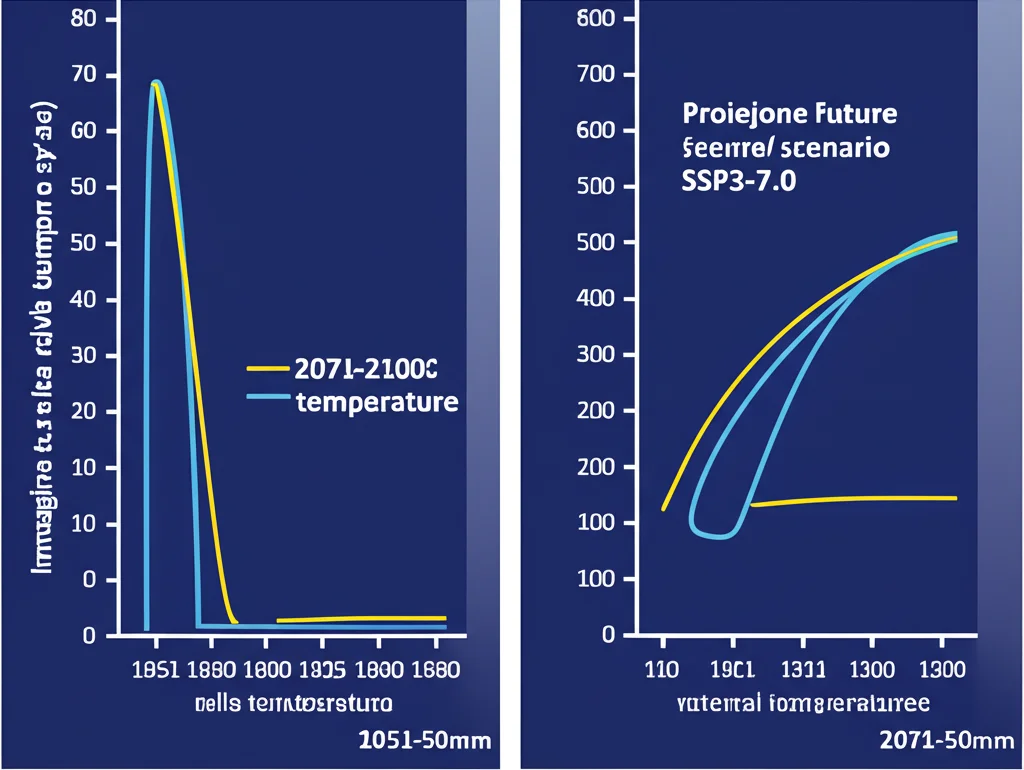 Immagine composita divisa verticalmente: a sinistra, un grafico storico (1951-1980) con una curva a campana stretta che rappresenta la variabilità della temperatura; a destra, una proiezione futura (2071-2100, scenario SSP3-7.0) con la stessa curva spostata a destra (più calda) e appiattita (più estremi). Obiettivo prime 50mm, messa a fuoco nitida sui grafici, illuminazione da studio controllata, sfondo neutro.