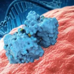 Immagine concettuale di un anticorpo monoclonale cetuximab β che si lega specificamente a un recettore EGFR sulla superficie di una cellula tumorale del colon-retto, bloccando i segnali di crescita. Sfondo astratto high-tech con filamenti di DNA stilizzati. Macro lens 100mm, high detail, precise focusing, illuminazione drammatica che evidenzia l'interazione molecolare.