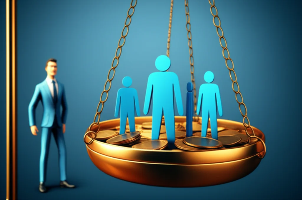 Immagine concettuale: una bilancia della giustizia con da un lato monete che rappresentano la ricchezza e dall'altro persone stilizzate che rappresentano la società. Un assistente sociale, figura centrale ma discreta, osserva la bilancia. Obiettivo prime 50mm, luce soffusa da studio, colori caldi e freddi in duotone (es. oro e blu scuro) per simboleggiare il contrasto ricchezza/bisogno. Stile fotorealistico con un tocco simbolico.