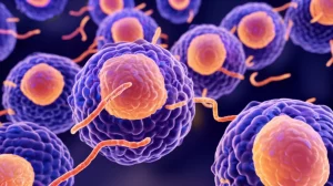 Immagine fotorealistica, obiettivo macro 85mm, che mostra vescicole extracellulari (piccole sfere traslucide ~150nm) derivate da cellule di carcinoma squamoso testa-collo che interagiscono strettamente con piastrine (cellule ematiche discoidali ma con segni di attivazione come piccoli pseudopodi) inducendone l'aggregazione, su uno sfondo che simula il plasma sanguigno con fattori di coagulazione stilizzati, illuminazione da laboratorio controllata e diffusa, alta definizione, focus selettivo sulle interazioni EV-piastrina.