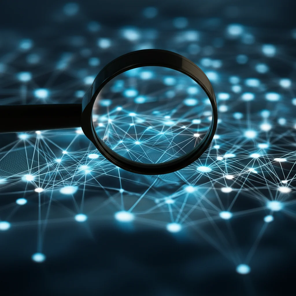 Immagine fotorealistica stilizzata di una lente d'ingrandimento sospesa sopra una complessa mappa di rete luminosa che rappresenta l'infrastruttura di telecomunicazione. Il focus è nitido sulla lente, con la rete leggermente sfocata sullo sfondo. Obiettivo grandangolare, 15mm, messa a fuoco nitida, sottile effetto di flussi di dati.