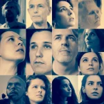 Mosaico di volti di persone provenienti da diverse culture e fasce d'età, che guardano in direzioni diverse, alcune verso l'alto, simboleggiando la riflessione sulla vita dopo la morte. Fotografia composita, obiettivo 35mm, colori tenui duotone (blu e ocra), profondità di campo.