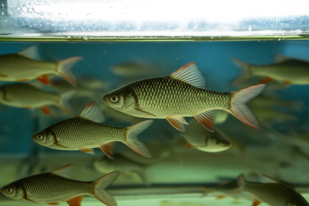 Photorealistic image of healthy Labeo rohita fingerlings swimming in a clean aquaculture tank, wide-angle lens, 24mm, controlled lighting.