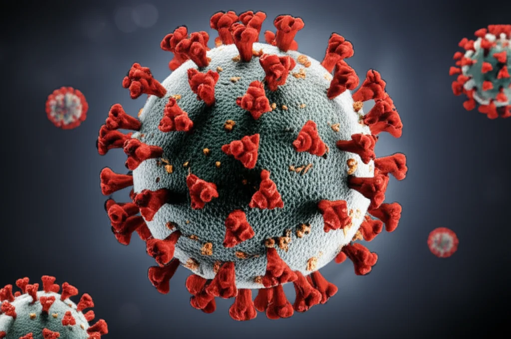 Photorealistic microscopic view of a modified SARS-CoV-2 virus particle with missing components, macro lens, 105mm, high detail, precise focusing, controlled lighting.