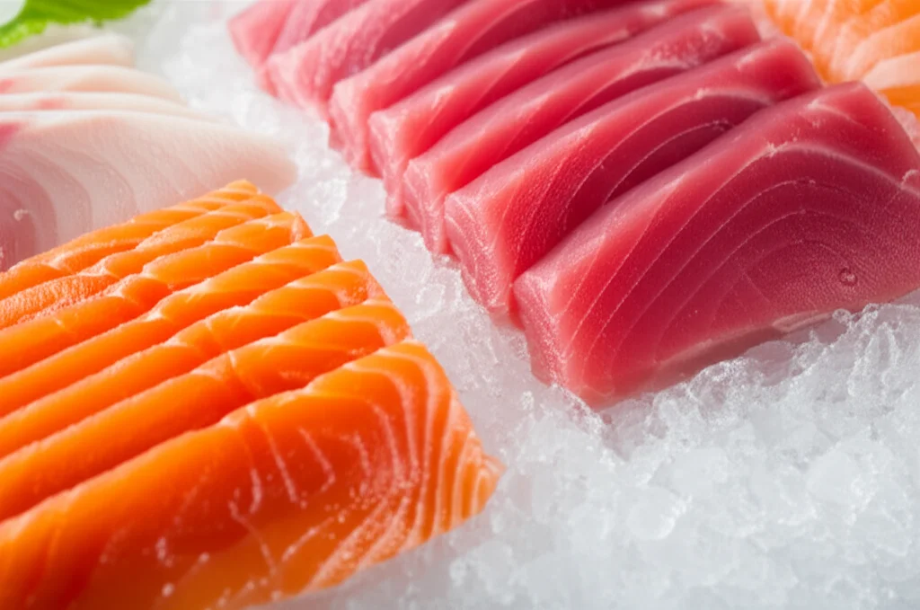 Primo piano macro di vari tipi di pesce crudo (salmone, tonno, branzino) elegantemente disposti su un letto di ghiaccio tritato, illuminazione da studio laterale per esaltare la freschezza e la texture, obiettivo macro 90mm, alta definizione dei dettagli, goccioline d'acqua visibili sul pesce, suggerendo il rischio di contaminazione batterica.