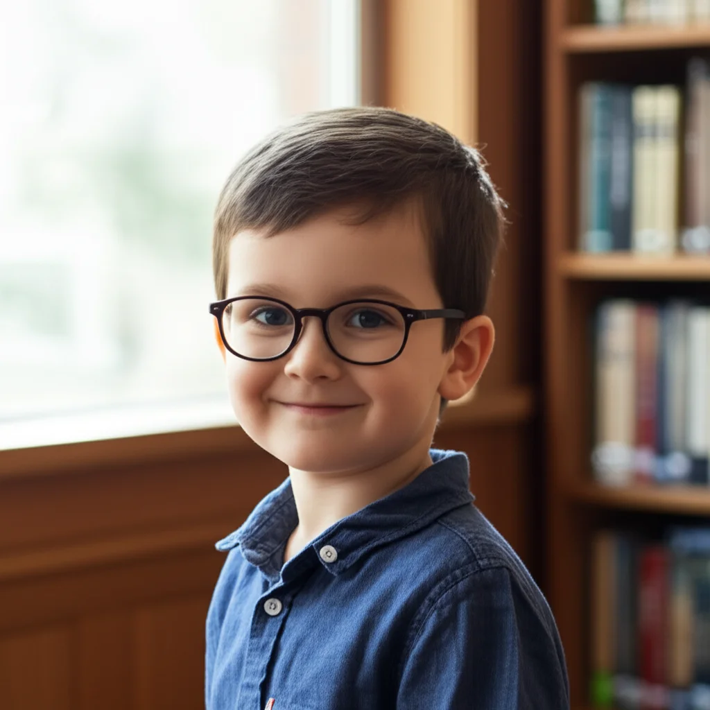 Ritratto di un bambino sorridente con occhiali, luce naturale che entra da una finestra, leggermente sfocato lo sfondo di una libreria. Prime lens, 35mm, depth of field, colori caldi.