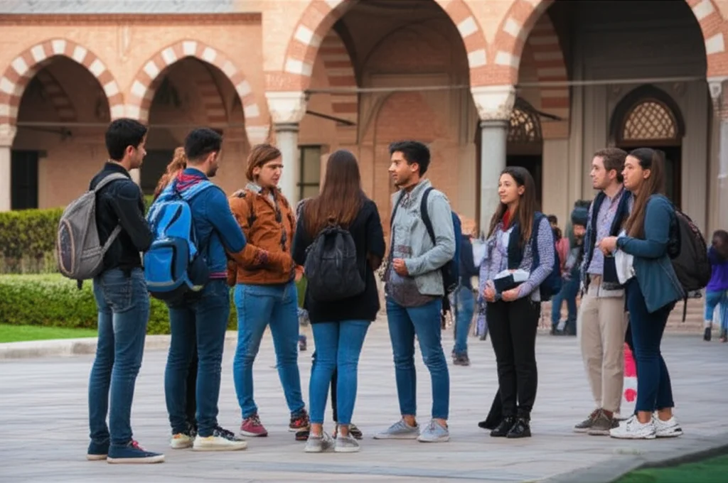 Un gruppo diversificato di studenti internazionali che interagiscono animatamente nel cortile di un'università turca, con architettura storica e moderna sullo sfondo. Luce calda del tardo pomeriggio, fotografia di reportage, obiettivo 35mm, profondità di campo che sfoca leggermente lo sfondo per concentrarsi sugli studenti.