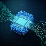 Un'immagine concettuale astratta che fonde biotecnologia e intelligenza artificiale: una proteina di membrana stilizzata, luminosa e complessa, emerge da un circuito digitale che ricorda una rete neurale. Goccioline liquide fluttuano intorno, simboleggiando la sintesi in vitro. Prime lens, 35mm, duotone blu elettrico e verde acqua brillante, Depth of field, sfondo scuro per enfatizzare la luminosità degli elementi.