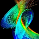 Visualizzazione 3D di un flusso comprimibile complesso con onde d'urto nette e strutture vorticose intricate generate da una simulazione numerica avanzata RK-MPM, stile fotorealistico scientifico, illuminazione dinamica che evidenzia le discontinuità e i vortici, obiettivo prime 35mm, profondità di campo.