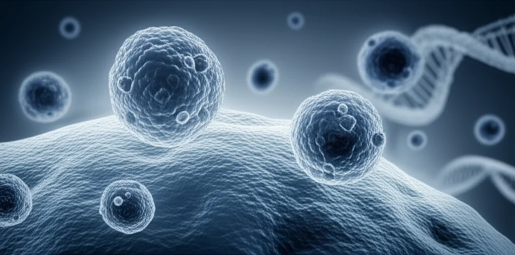 Visualizzazione artistica di molecole lipidiche che interagiscono con cellule ovariche, con un accenno a filamenti di DNA sullo sfondo. Obiettivo prime, 35mm, profondità di campo, toni freddi duotone (blu e argento).