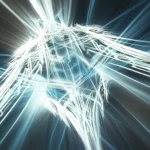 Visualizzazione artistica di strutture matematiche complesse simili a frattali in uno spazio multidimensionale, con linee di luce che collegano diversi elementi a simboleggiare nuove connessioni teoriche. Obiettivo grandangolare, 18mm, lunga esposizione per scie luminose, messa a fuoco nitida sulle strutture centrali, atmosfera eterea e high-tech.