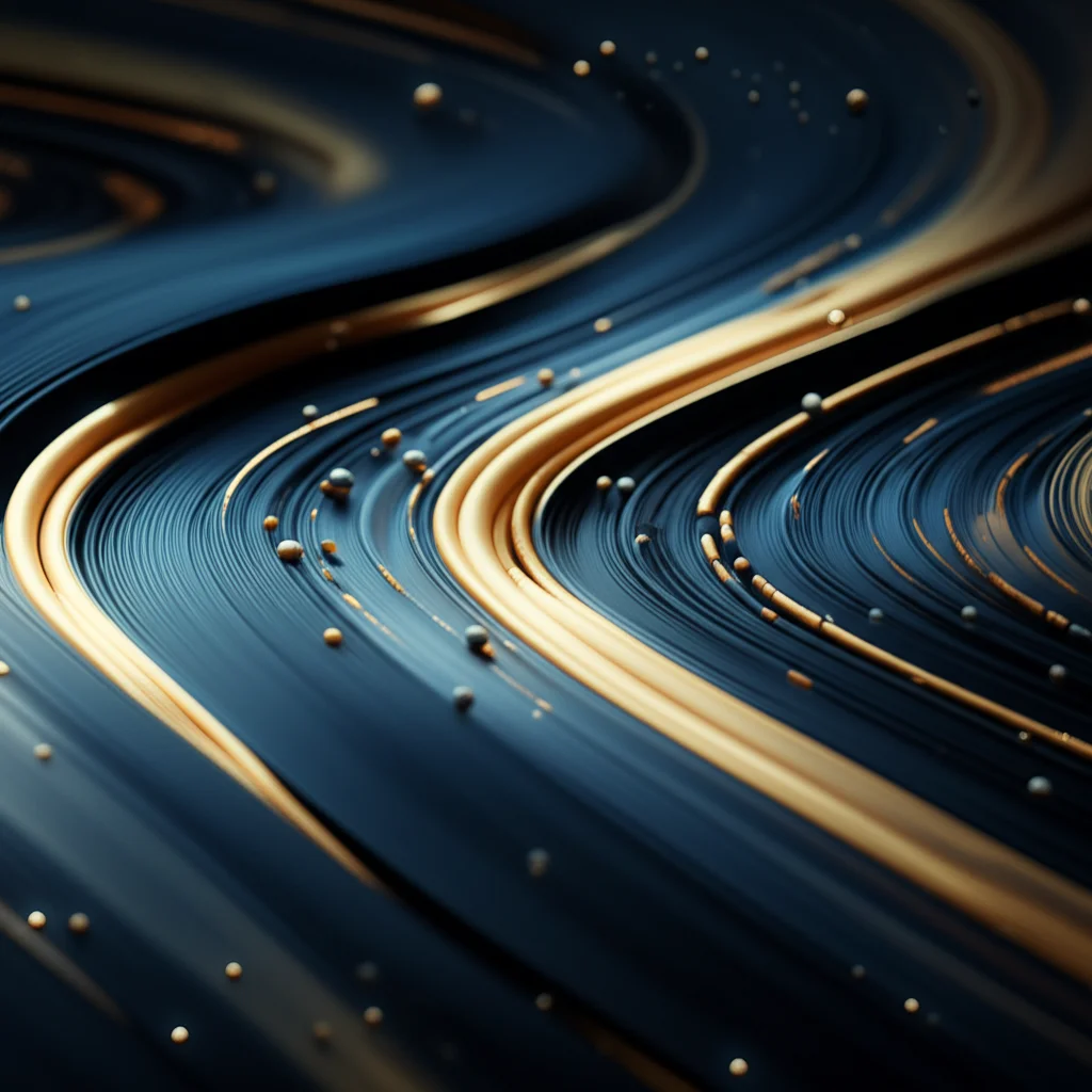 Visualizzazione artistica di un flusso di particelle colorate che si muovono su una superficie curva e complessa, simile a una varietà Riemanniana, illuminata da una luce soffusa che ne evidenzia le forme. Alcune particelle sembrano diffondersi mentre altre seguono percorsi più definiti. Stile fotorealistico, obiettivo prime 35mm, profondità di campo per mettere a fuoco una sezione del flusso, duotono blu e oro.