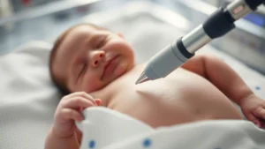 Fotografia macro di una sonda ecografica lineare appoggiata delicatamente sul torace di un neonato in un'incubatrice NICU, messa a fuoco precisa sulla punta della sonda, illuminazione controllata e soffusa, profondità di campo ridotta per sfocare lo sfondo tecnologico dell'unità di terapia intensiva, obiettivo macro 100mm, alta definizione.