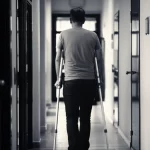 Immagine concettuale che rappresenta la fiducia e la riabilitazione dopo un intervento di protesi d'anca. Un paziente che cammina con sicurezza con l'aiuto di stampelle in un corridoio luminoso di ospedale, con un effetto di profondità di campo. Obiettivo da 50mm, luce naturale, film noir.
