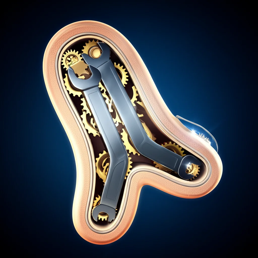 Immagine concettuale di un testicolo umano stilizzato con ingranaggi che simboleggiano il processo di invecchiamento, e una molecola di corpo chetonico (BHB) che agisce come una chiave per 'riparare' o 'rallentare' questi ingranaggi. Illuminazione drammatica, high detail, macro lens, 60mm.