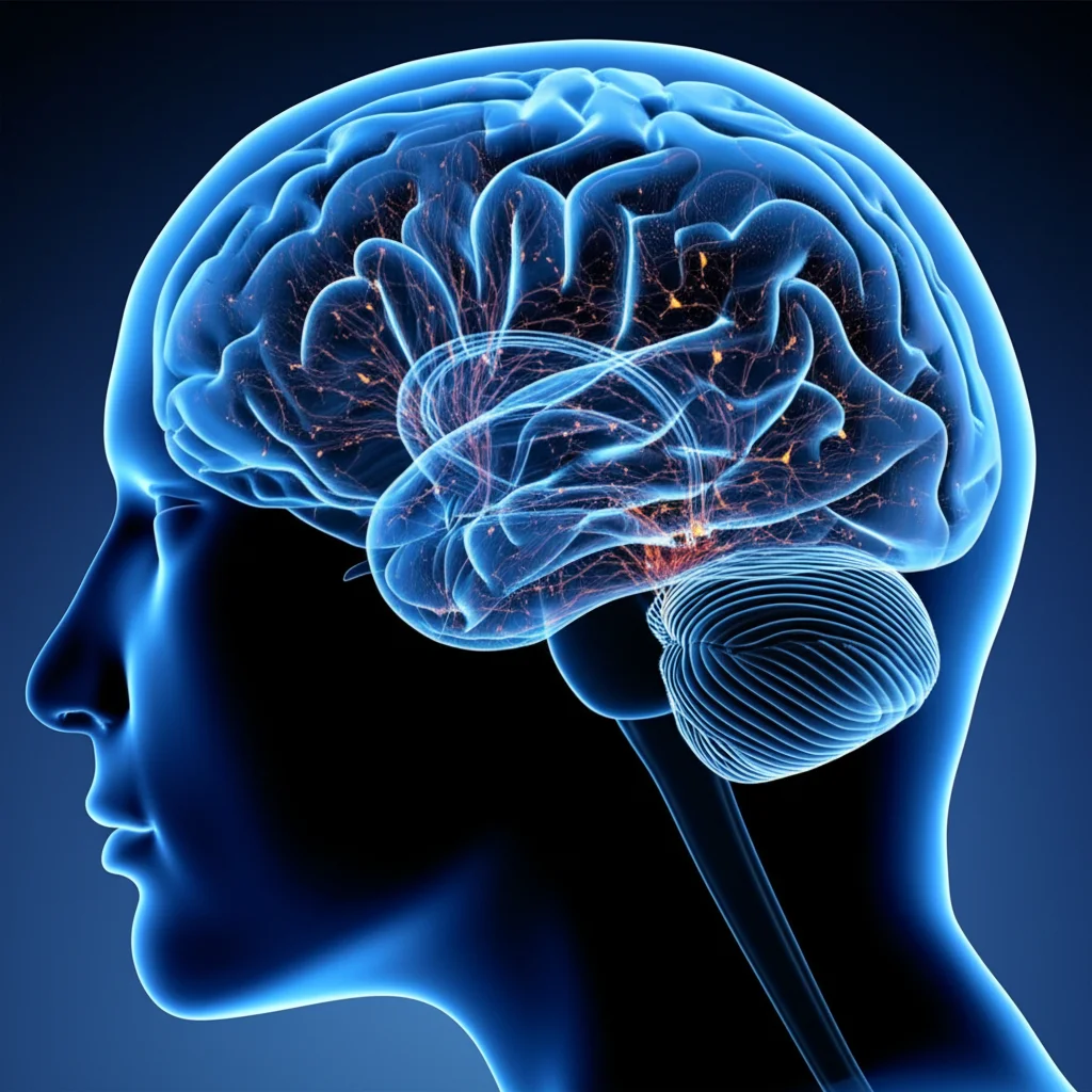 Immagine concettuale fotorealistica del cervello umano con focus sullo striato dorsale. Si evidenziano in modo stilizzato ma scientificamente accurato gli oligodendrociti, alcuni sani che avvolgono i neuroni con la mielina (in bianco brillante), altri (in colori più scuri o con texture 'stressata') che mostrano segni di vulnerabilità associati al Parkinson. Luce drammatica laterale, profondità di campo, obiettivo 35mm.