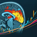 Immagine fotorealistica di una scansione fMRI che mostra aree attive del cervello umano (in colori caldi come rosso e giallo) sovrapposta a grafici finanziari astratti e linee ondulate che simboleggiano lo stress. Obiettivo prime 35mm, duotone blu scuro e arancione, profondità di campo, illuminazione controllata per evidenziare le aree attive.