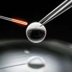 Macro lens, 105mm, high detail, precise focusing, controlled lighting, showing a microscopic vaterite capsule being manipulated by optical tweezers, with a tiny optical fiber providing endoscopic illumination, highlighting the innovative setup.