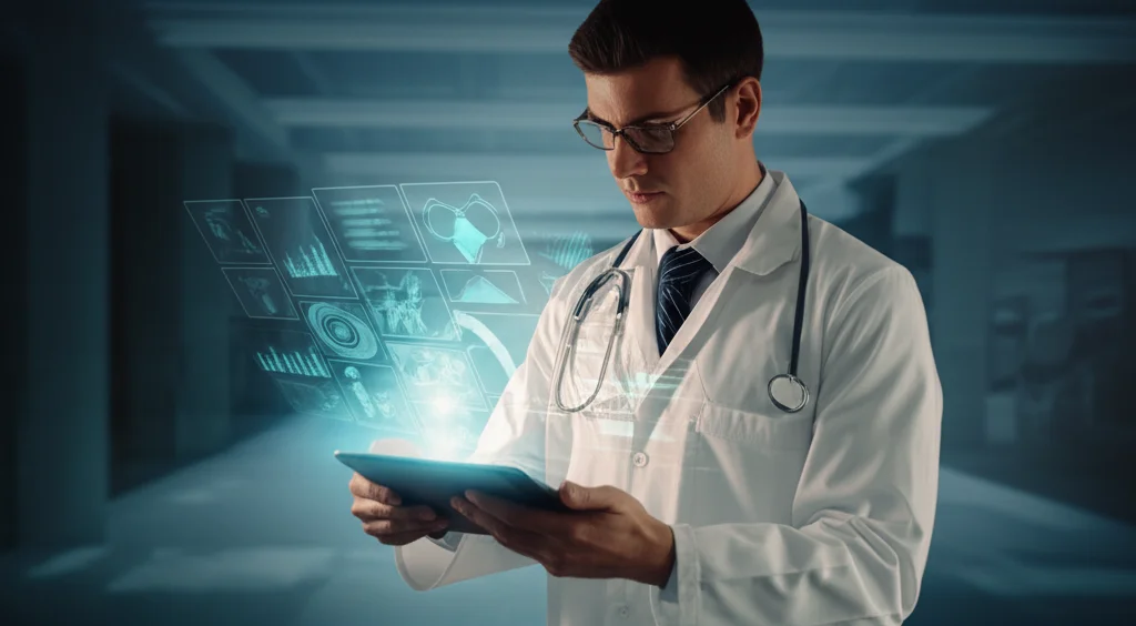 Primo piano di un medico pensieroso che esamina dati sanitari su un tablet futuristico, con grafici luminosi che fluttuano olograficamente, luce soffusa da studio, obiettivo 50mm, profondità di campo ridotta per focalizzare l'attenzione sul medico e sui dati, evocando la complessità dell'analisi delle cure acute e croniche.