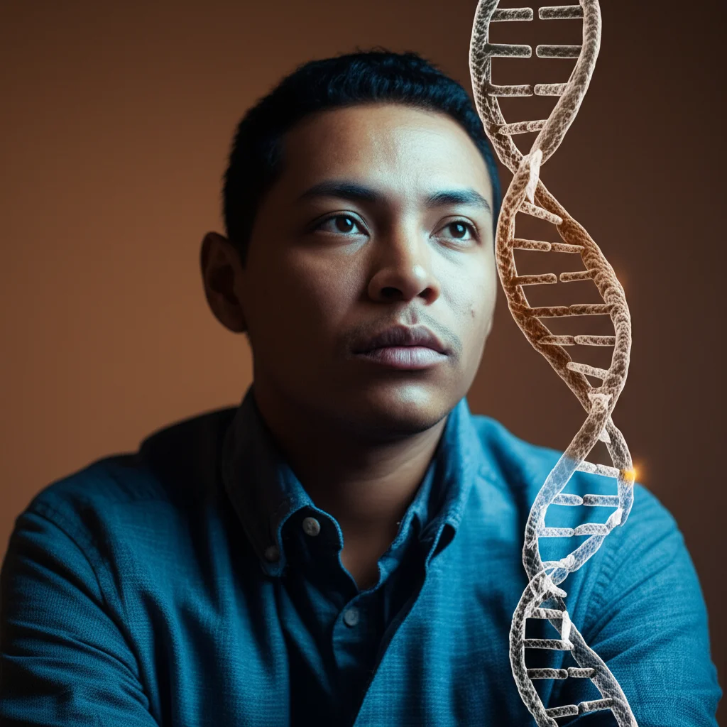 Ritratto di una persona di origine latinoamericana pensierosa, con sovrapposta una rappresentazione stilizzata della doppia elica del DNA, che riflette sulla connessione tra genetica, ascendenza e salute intestinale. Prime lens, 35mm, depth of field, duotone blu e arancione caldo.