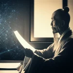Ritratto suggestivo di un antico studioso cinese che contempla pergamene illuminate dalla luce soffusa di una finestra, sovrapposto a una visualizzazione digitale astratta di un grafo di conoscenza con nodi luminosi, stile film noir con toni seppia e grigio duotone, profondità di campo accentuata, obiettivo 35mm.