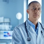 Un medico di famiglia, ritratto fotografico con obiettivo prime 35mm, appare pensieroso e leggermente stanco nel suo studio a fine giornata. La profondità di campo sfoca l'attrezzatura medica sullo sfondo, mentre una bicromia blu e grigia accentua l'atmosfera introspettiva.