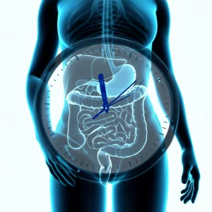 Un orologio stilizzato fuso con una rappresentazione dell'intestino umano, prime lens 35mm, depth of field, duotone blu e grigio, a simboleggiare l'impatto dei ritmi circadiani sulla salute intestinale e l'IBS.