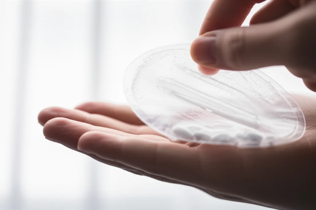 Una mano che tiene delicatamente una sacca per stomia semitrasparente, attraverso cui si intravedono alcune pillole intatte. Sfondo neutro e luminoso, focus sulla sacca e sulle pillole. Lente prime 50mm, profondità di campo ridotta per enfatizzare il soggetto.