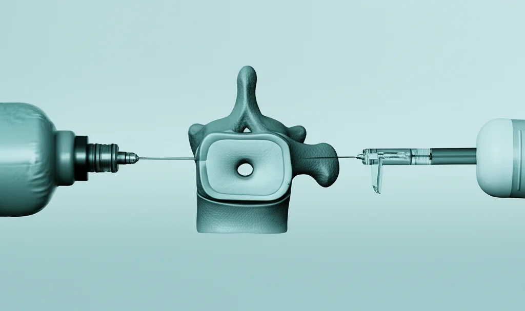 Un'immagine concettuale che mostra due percorsi divergenti: uno simboleggia l'anestesia inalatoria con una maschera facciale e l'altro l'anestesia endovenosa con una flebo. Al centro, una rappresentazione stilizzata di un disco intervertebrale. Lente prime 35mm, profondità di campo, colori duotone verde acqua e grigio per un look clinico ma accattivante.