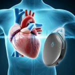 Un'immagine concettuale che mostra un cuore stilizzato con onde sonore digitali che emanano da esso, simboleggiando il monitoraggio remoto. Accanto, un pacemaker moderno e compatto. Illuminazione da studio, high detail, macro lens, 100mm.