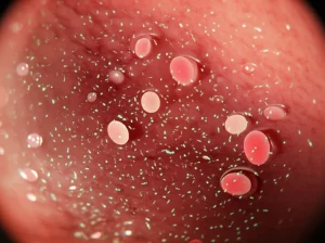 Un'immagine concettuale di un idrogel termosensibile iniettabile che rilascia batteri ricombinanti (Mycobacterium smegmatis esprimenti IL-15) all'interno della cavità addominale per combattere le metastasi tumorali. Macro lens, 105mm, high detail, precise focusing, controlled lighting per evidenziare la texture dell'idrogel e la dispersione dei batteri in un ambiente che simula l'interno del corpo.
