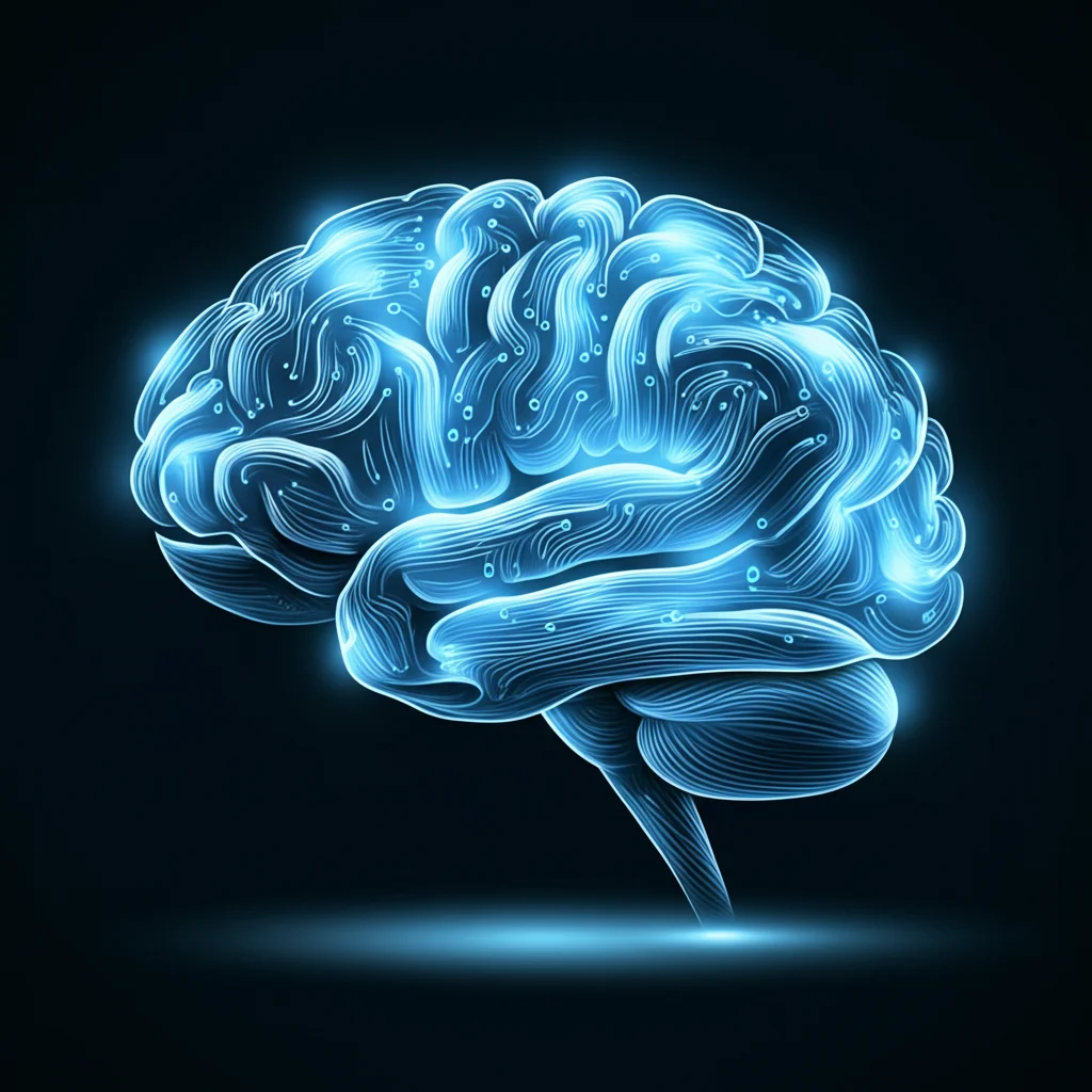 Visualizzazione artistica di un cervello umano stilizzato con circuiti luminosi che lo attraversano, a rappresentare l'intelligenza artificiale che analizza dati neurologici per la previsione dell'ictus emorragico. Obiettivo prime, 50mm, profondità di campo, duotone blu e argento, illuminazione drammatica.