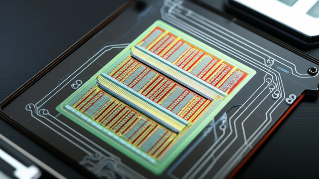 Chip fotonico avanzato che illustra una macchina di Ising ottica monoliticamente integrata, con dettagli di micro-componenti come modulatori a micro-anello e interferometri di Mach-Zehnder; macro lens, 100mm, high detail, precise focusing, controlled lighting, per evidenziare l'efficienza e la compattezza della tecnologia.