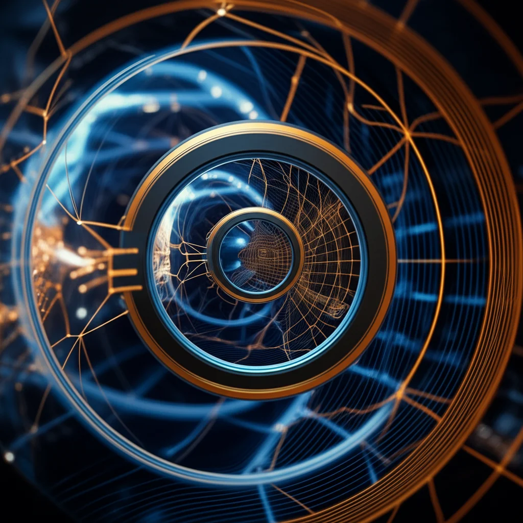 Concetto astratto di ottimizzazione flessibile: una rete neurale luminosa o un diagramma di flusso complesso che si adatta dinamicamente, simboleggiando le strutture d'ordine variabili che guidano verso soluzioni efficienti. Wide-angle lens, 15mm, sharp focus, illuminazione drammatica blu e oro.