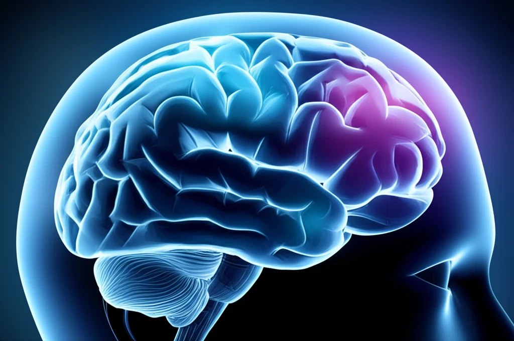 Illustrazione concettuale del cervello umano con aree illuminate che simboleggiano la riduzione della neuroinfiammazione e il recupero cognitivo grazie all'inibizione di NLRP3, obiettivo 35mm, duotone blu e argento per un effetto scientifico e speranzoso, profondità di campo.