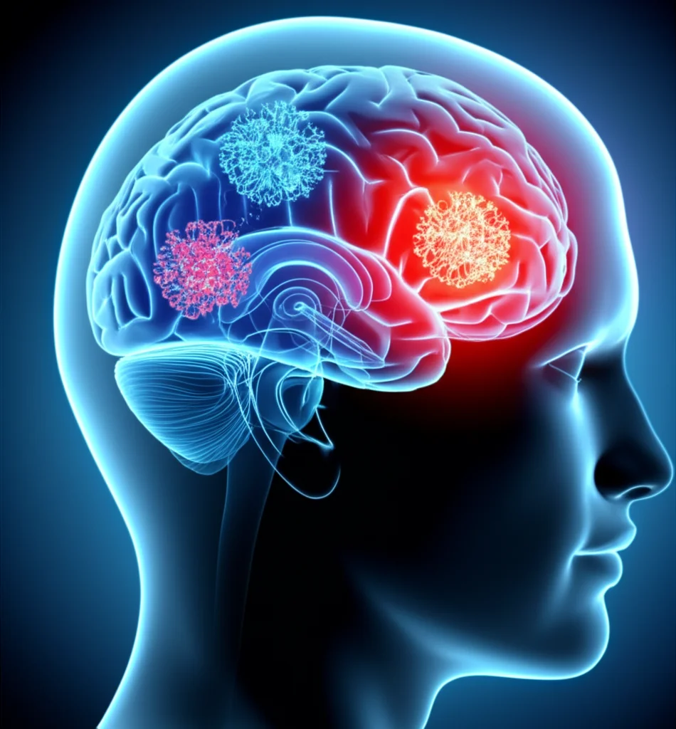 Immagine concettuale artistica che mostra un cervello umano stilizzato con un'area del lobo temporale evidenziata in rosso incandescente a simboleggiare l'infiammazione. All'interno di quest'area, si vedono mitocondri danneggiati (scuri e frammentati) e strutture dell'inflammasoma NLRP3 (complessi proteici luminosi). Prime lens, 24mm, depth of field, duotone blu scuro e rosso acceso per un forte contrasto drammatico.