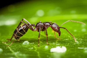 Macro fotografia di una regina di formica Cardiocondyla obscurior su una foglia verde brillante, illuminazione da studio controllata per esaltare i dettagli del suo esoscheletro, alta definizione, messa a fuoco precisa sugli occhi composti e le antenne, obiettivo macro 100mm.