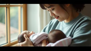 Ritratto fotografico di una madre giapponese che guarda con affetto il suo neonato addormentato tra le sue braccia. L'immagine trasmette un senso di intimità e protezione. Obiettivo da 35mm, luce naturale filtrata da una finestra, colori tenui, profondità di campo.
