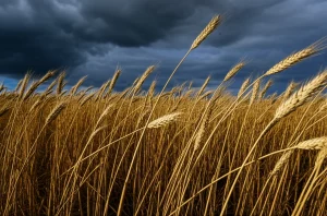 Spighe di grano in un campo desolato sotto un cielo plumbeo post-catastrofe, effetto macro 100mm, alta definizione, illuminazione drammatica e controllata per evidenziare la fragilità dell'agricoltura e il concetto di maladattamento.
