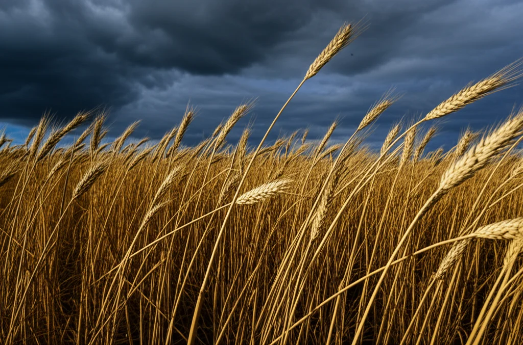 Spighe di grano in un campo desolato sotto un cielo plumbeo post-catastrofe, effetto macro 100mm, alta definizione, illuminazione drammatica e controllata per evidenziare la fragilità dell'agricoltura e il concetto di maladattamento.