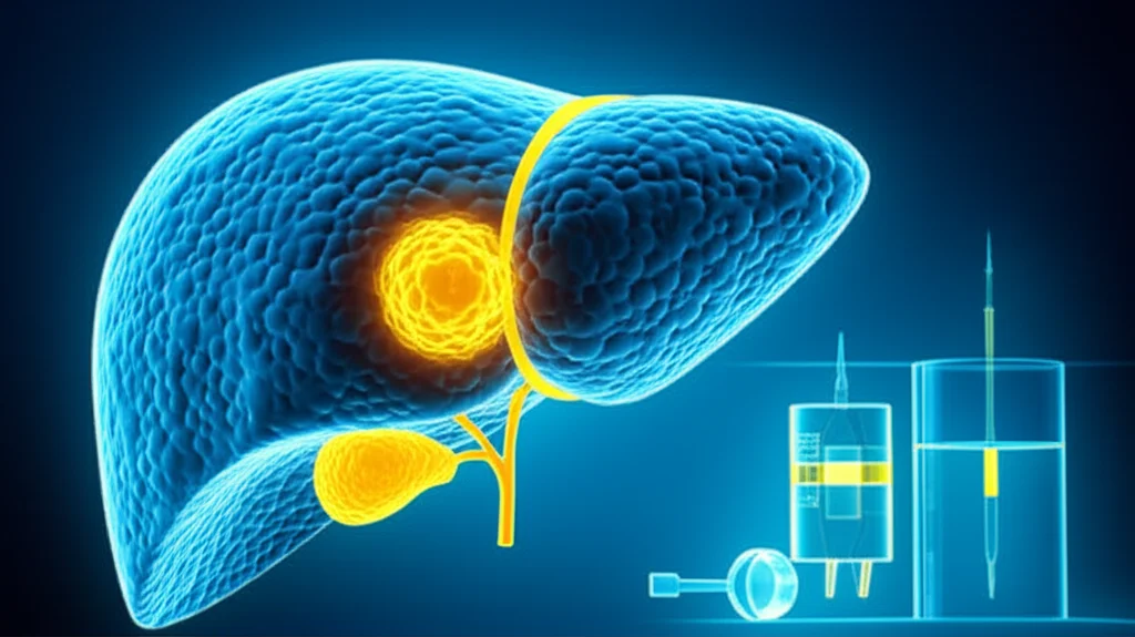 Un'immagine concettuale di un fegato umano stilizzato con un bagliore luminoso che emana dalla zona del tumore, simboleggiando la diagnosi precoce e la speranza. Accanto, una rappresentazione grafica di un kit diagnostico moderno. Illuminazione drammatica, profondità di campo, obiettivo da 35mm per un effetto cinematografico, duotone blu e giallo.
