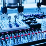 A photorealistic image of automated laboratory equipment performing high-throughput experiments, macro lens, 60mm, precise focusing, controlled lighting, showing rows of vials and robotic arms.