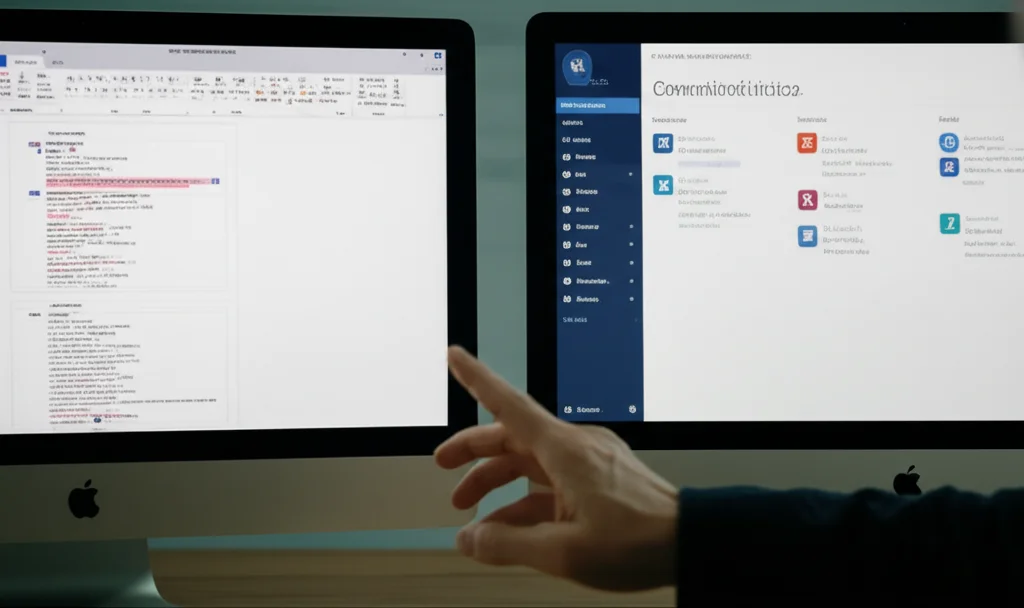 Due schermi di computer affiancati: uno mostra un documento Word con commenti evidenziati, l'altro un'interfaccia utente pulita di una piattaforma di feedback online dedicata. Al centro, una mano che sembra scegliere tra i due. Prime lens 50mm, depth of field, illuminazione da studio bilanciata che enfatizza i dettagli degli schermi.