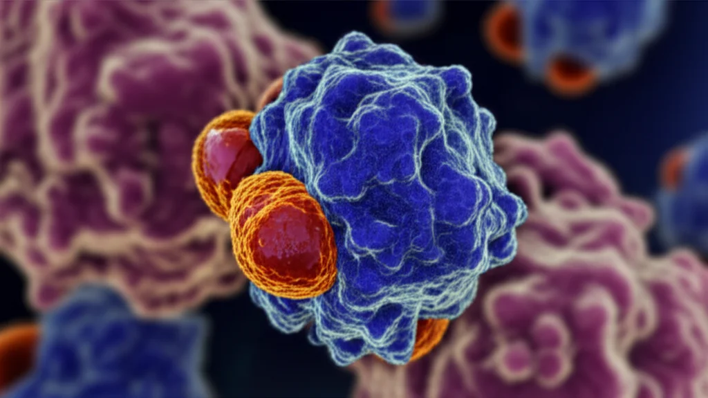 Immagine concettuale astratta di un recettore oppioide µ (µOR) sulla membrana cellulare che interagisce con molecole di Carfentanil (rosse, molto efficaci) e Naltrexone (blu, antagonista efficace), simboleggiando la sfida farmacologica. Stile fotorealistico, macro lens 70mm, high detail, precise focusing, controlled dramatic lighting, sfondo scuro sfocato.