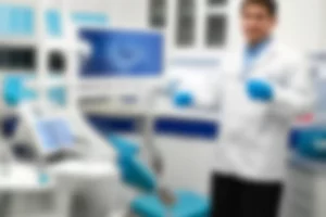 Immagine fotorealistica di un impianto dentale con abutment e corona metallo-ceramica in primo piano, su sfondo sfocato di uno studio dentistico moderno, luce morbida, lente prime 35mm, profondità di campo ridotta per enfatizzare l'impianto.