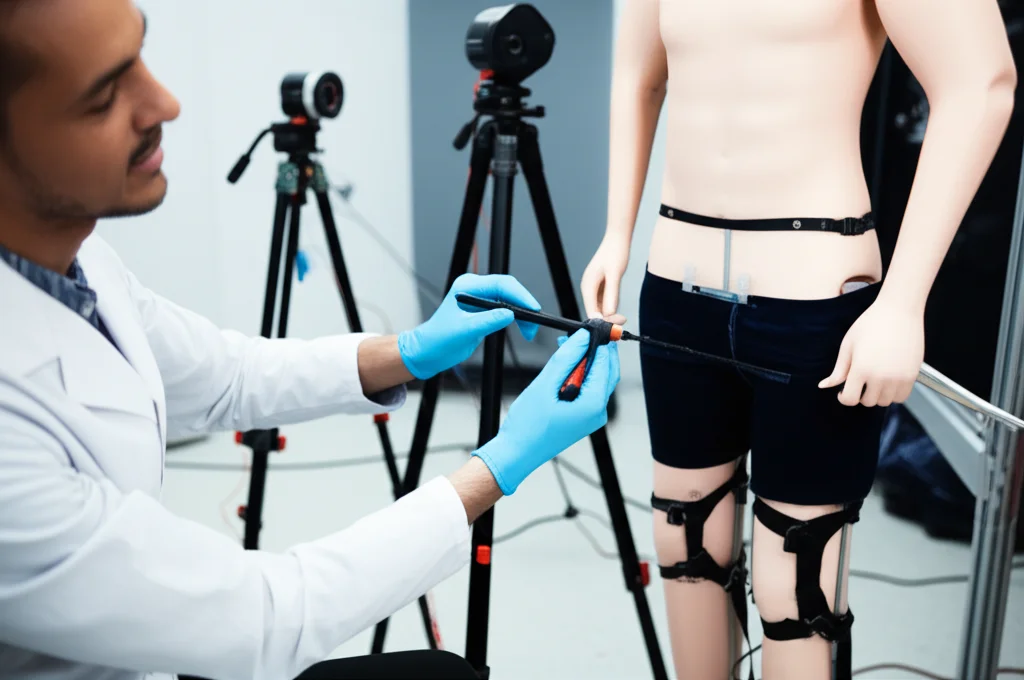 Immagine fotorealistica di un setup per l'analisi del movimento CAST in un laboratorio high-tech. Un ricercatore, con indosso guanti da laboratorio, utilizza con attenzione un puntatore strumentato dotato di marker riflettenti per calibrare un landmark anatomico sul ginocchio di un soggetto (o un manichino realistico). Diverse telecamere mocap a infrarossi sono visibili sullo sfondo, montate su treppiedi e strategicamente posizionate. L'illuminazione è professionale, da studio, creando un'atmosfera scientifica. Lente prime 35mm, profondità di campo media per mettere a fuoco sia il puntatore che il landmark, con uno sfondo leggermente sfocato. Dettagli nitidi e colori realistici.