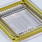 Microscopic view of a microfluidic chip showing integrated acoustic, optical, and electrical components, macro lens, 100mm, high detail, precise focusing, controlled lighting.