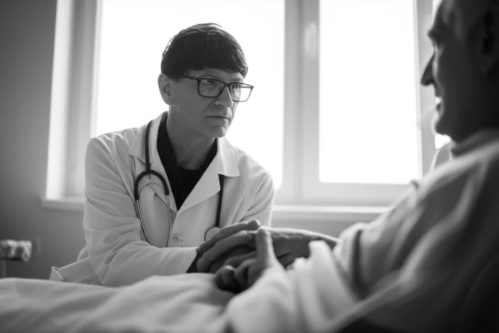 Primo piano di un medico che tiene con cura la mano di un paziente anziano in un letto d'ospedale, trasmettendo empatia e supporto. Luce soffusa dalla finestra. Prime lens, 35mm, depth of field, black and white film.